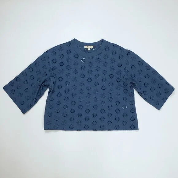 Madewell Embroidered Wide-Sleeve Boxy Tee Sunfaded Blue Relaxed Fit Casual Top S - Picture 4 of 16